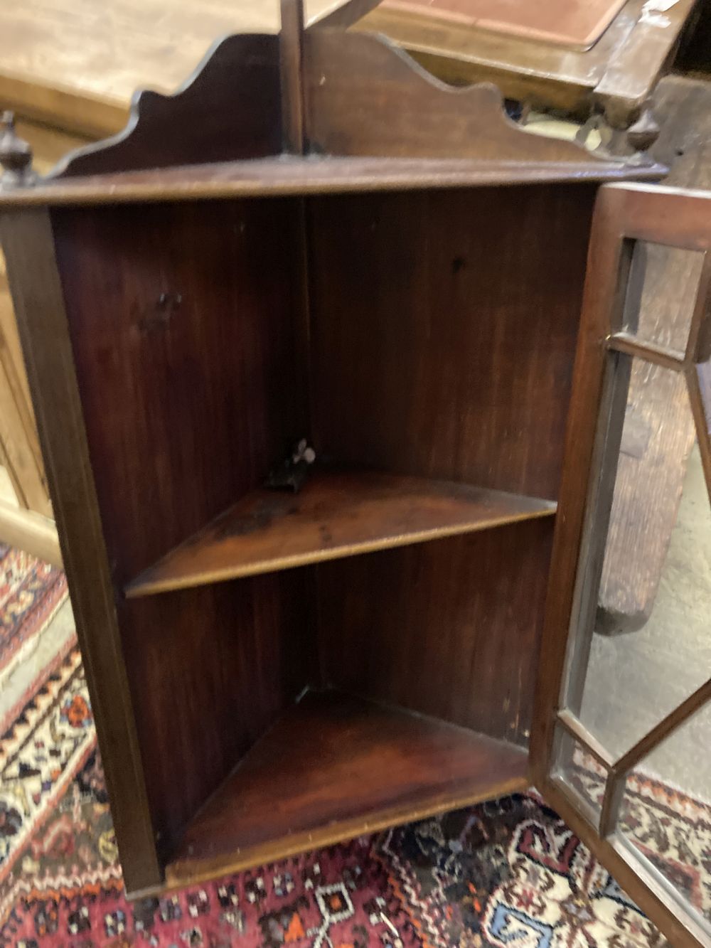 An Edwardian inlaid mahogany hanging corner cabinet, width 54cm depth 26cm height 96cm